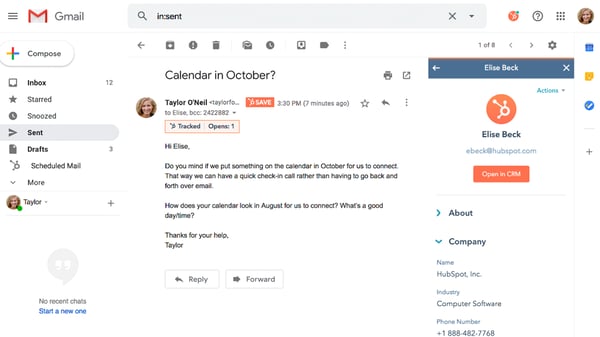 HubSpot - Gmail Integration Screenshot